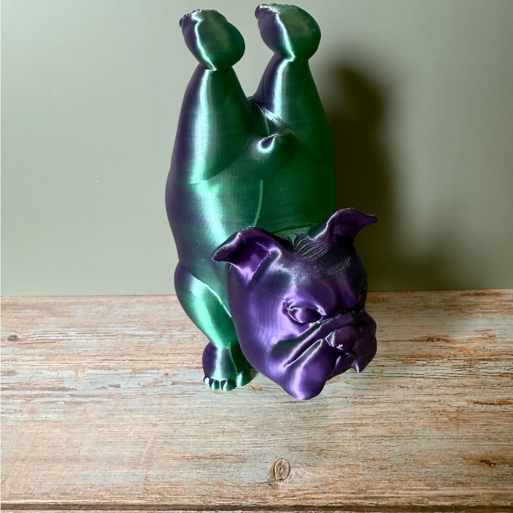 Green and Purple 3D Printed Yoga Dog Figurine